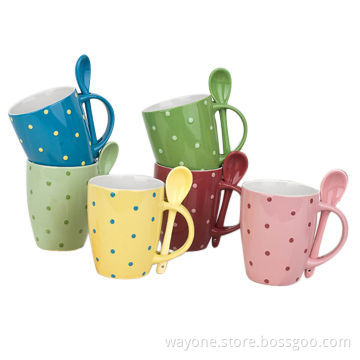 Stoneware Ceramic Mug with Spoon, Color Glazed with Dot, Various Colors are Available